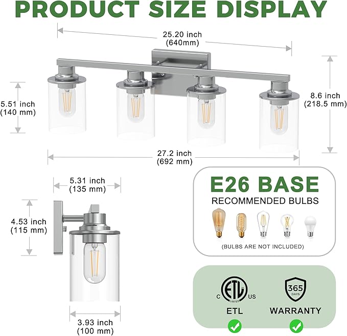 DORESshop 4-Light Vanity Light Fixtures, Chrome Bathroom Light Fixtures Over Mirror with Clear Glass Shade, Modern Vanity Lights for Living Room Bedroom