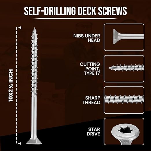 #10 x 2 1/2’’ Wood Screws by Grindy (200pack/2.4LBS) – Self-Drilling Deck Screws I Rust Resistant I Quick Drive & Fast Grip I for Cabinet, Furniture & Other Projects I T25 Star Drive I Bit Included