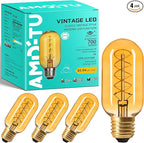 AMDTU Edison Bulbs 60 Watts Equivalent Dimmable, Spiral Ultra-Thin Filament E26 LED Bulbs 7W, 700 Lumen, Warm Yellow 2200K E26 Base Bulbs, T45 Amber Glass Tubular Light Bulbs for Lamps, 4 Pack