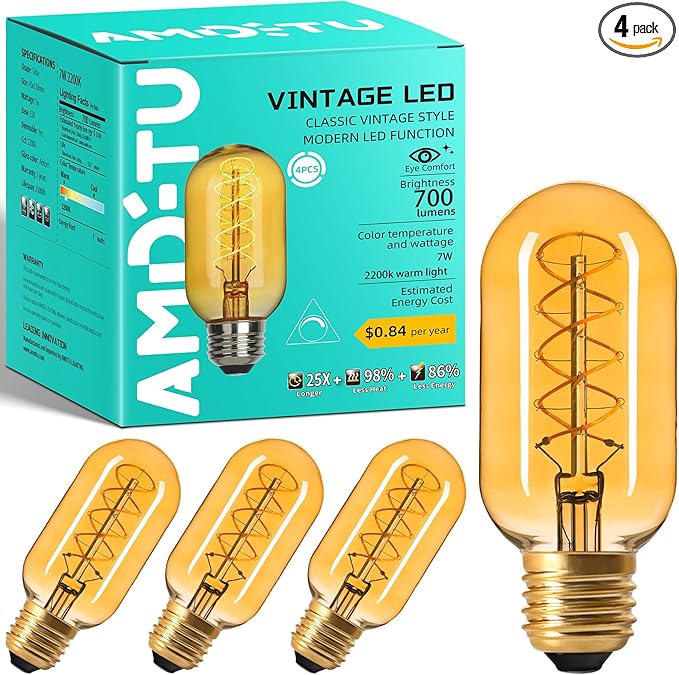 AMDTU Edison Bulbs 60 Watts Equivalent Dimmable, Spiral Ultra-Thin Filament E26 LED Bulbs 7W, 700 Lumen, Warm Yellow 2200K E26 Base Bulbs, T45 Amber Glass Tubular Light Bulbs for Lamps, 4 Pack
