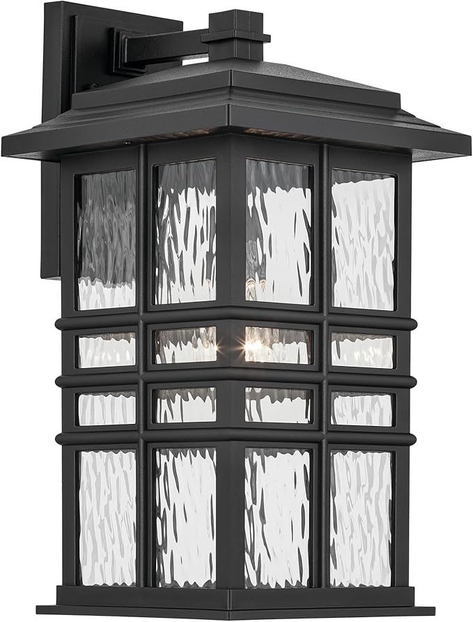 KICHLER Beacon Square 17.25" 1-Light Outdoor Wall Light with Clear Hammered Glass in Textured Black, for Exterior Doors, Garage, Porch, or Patio (17.25" x 9.5"), 49831BKT