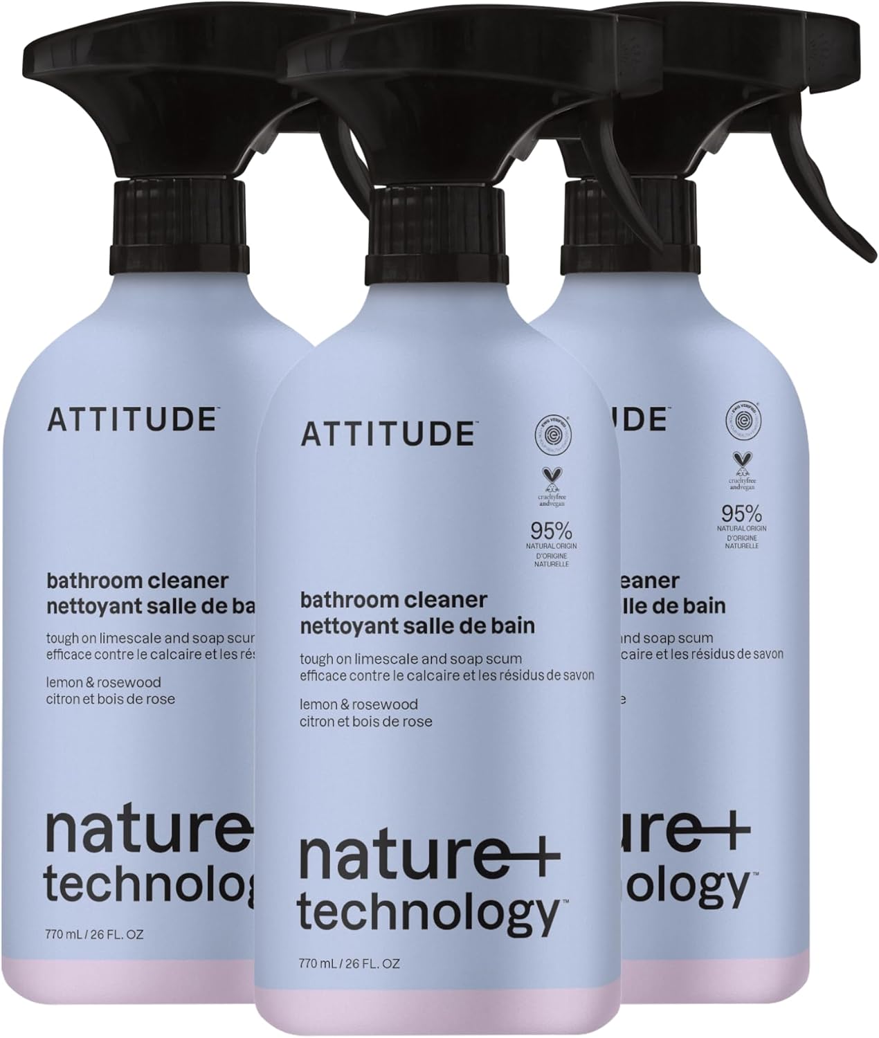 ATTITUDE Bathroom Cleaner Spray, Natural Origin Ingredients, EWG Verified, Eliminates Soap Scum, Limescale, Streak Free, Lemon & Rosewood, 26 Fl Oz (Pack of 3)