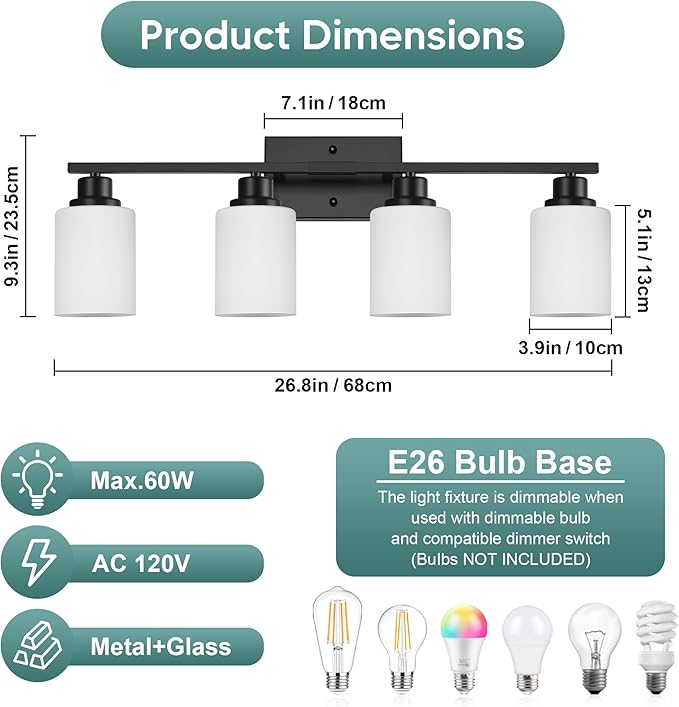 Ascher Bathroom Light Fixtures, 4-Light Vanity Light Over Mirror, Matte Black Wall Sconces with Milky White Frosted Glass Shades, Wall Lamp for Living Room Bedroom, E26 Base(Bulbs Not Included)