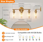 DLLT 3-Light Bathroom Light Fixtures: Gold Modern Vanity Wall Lights with E26 Bulbs - Clear Glass Shade Bathroom Wall Lamp for Mirror Kitchen Living Room Hallway Cabinet Porch