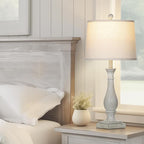 27.5" Farmhouse Table Lamps Set of 2 with USB C+A Ports & AC Outlet for Vintage Living Room Retro Bedroom, 3-Way Dimmable Touch Lamps Resin Bedside Lamps for Nightstand Side End Table, Grey