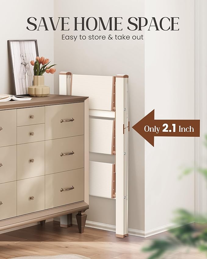 GameGem 3 Step Ladder, Aluminum Folding Step Stool with Anti-Slip Sturdy and Wide Pedal, Lightweight Portable Stepladder for Home and Kitchen Use Space Saving, 330 lbs, Chocolate White