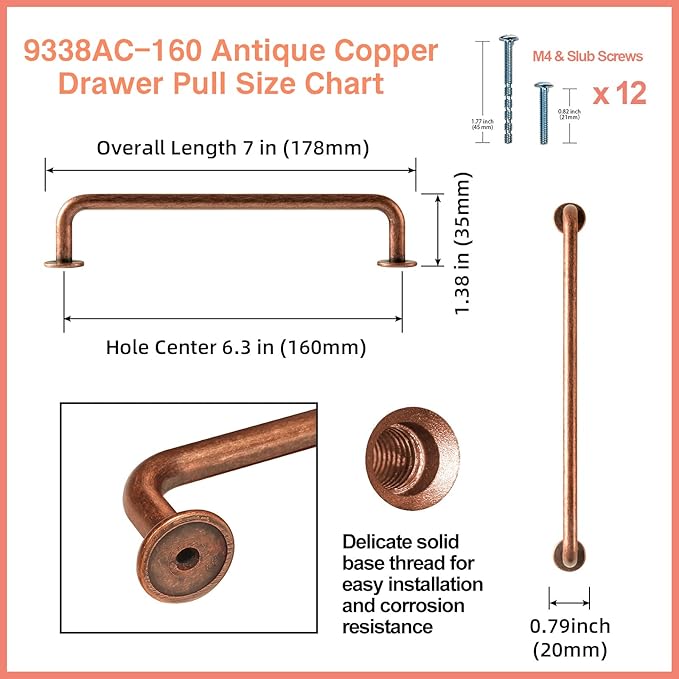 Goo-Ki 6 Pack Antique Copper Cabinet Pull Dark Copper Drawer Handles, 6.3 inch(160mm) c-c Solid Vintage Copper Bar Pulls Red Bronze Kitchen Hardware for Dresser Wardrobe Cupboard, 9338AC-160