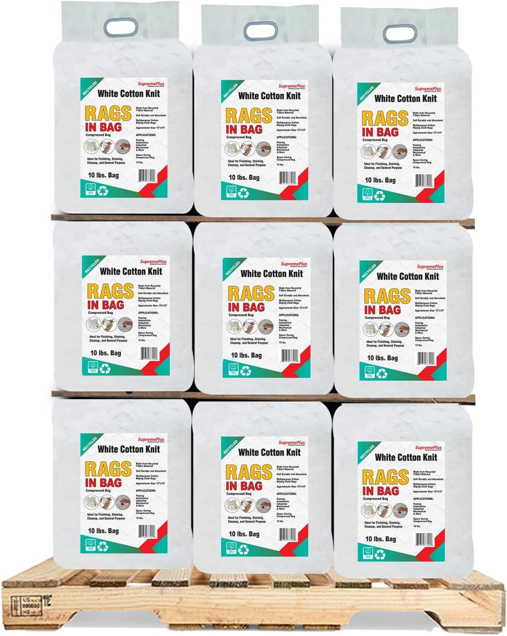 Recycled White Knit Cotton T-Shirt (600 lbs. Pallet 60x10 lbs. Rags in a Bag) Cleaning Cloths for Household, Workshop, Industrial & Beyond-100% Washable, & Absorbent