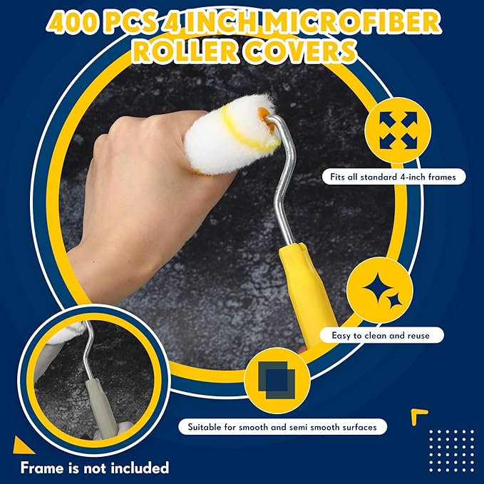 Leumoi 400 Pieces 4 Inch Mini Paint Roller Cover Bulk Small Microfiber 1/2" Nap for Paint Roller for House Painting Brush Supplies, DIY Craft Home Wall Repair Tool Kit Set