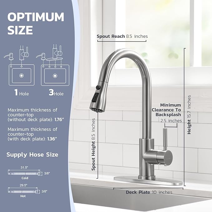 WEWE Kitchen Faucet with Soap Dispenser and Pull Down Sprayer, RV Single Handle Classic 3 Modes Stainless Steel Faucet for Kitchen Sink, RV, Brushed Nickel