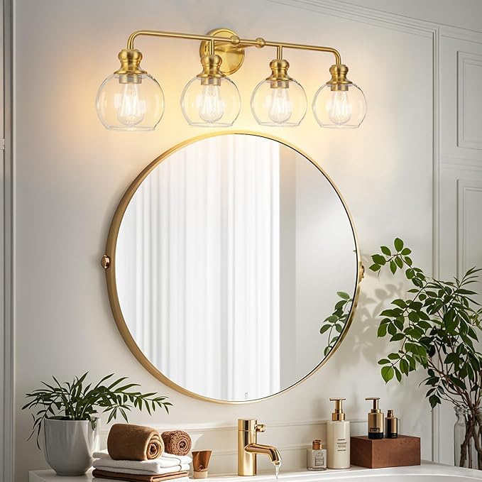 Gold 4-Light Bathroom Vanity Fixture with Clear Glass Shades Modern Wall Lamp Suitable for Bathrooms, Dressing Rooms