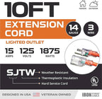 Iron Forge Cable Weatherproof 10 Ft Outdoor Extension Cord - 14/3 SJTW 15 Amp Heavy Duty Orange Extension Cord 3 Prong - Lighted End