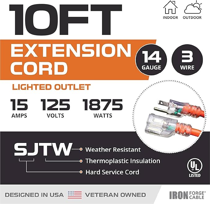 Iron Forge Cable Weatherproof 10 Ft Outdoor Extension Cord - 14/3 SJTW 15 Amp Heavy Duty Orange Extension Cord 3 Prong - Lighted End