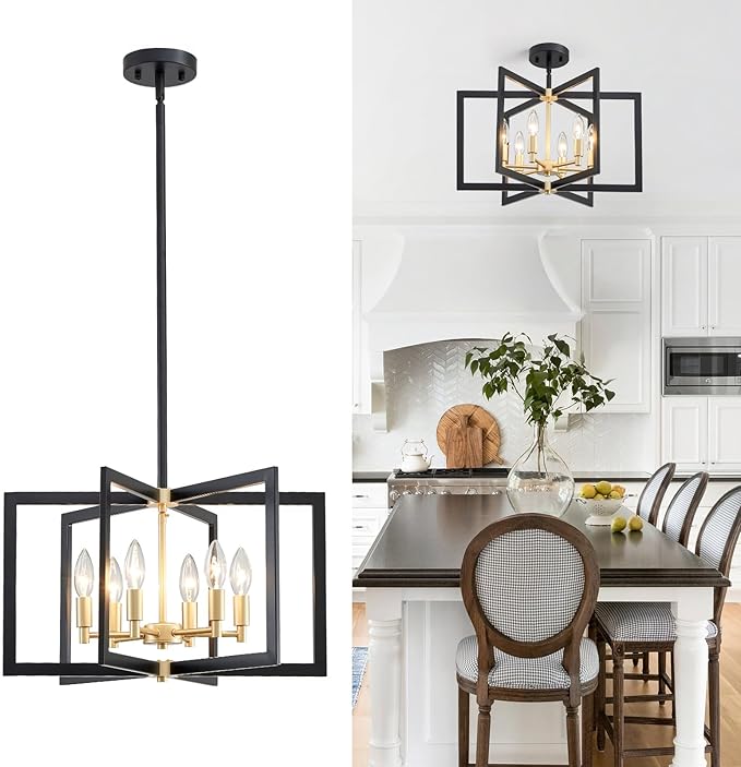 Black and Gold Chandelier 6-Light, Dining Room Light Fixture Geometric Metal Modern Chandelier Lighting for Kitchen Island Living Room Entryway, 20 Inch Pendant Lighting Hanging Ceiling Lamp