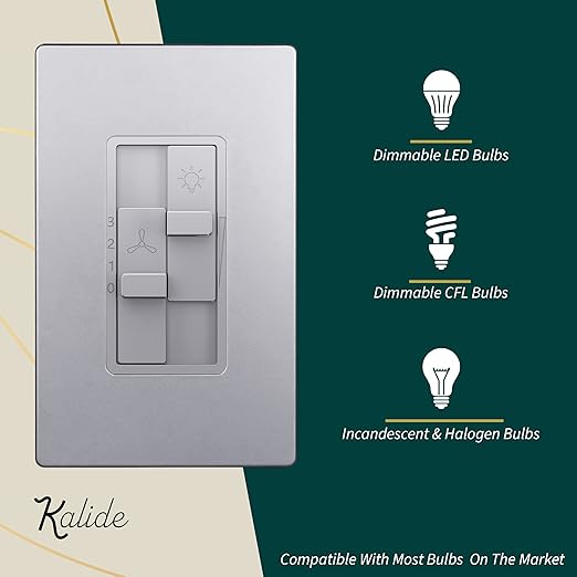 TOPGREENER Kalide Combo Dimmer Switch with 3-Speed Fan Control, Light and Fan Combination Switch, Single Pole, 2.5A, 200W LED/CFL, Neutral Wire Not Required, TGDSFS3-SV, Silver