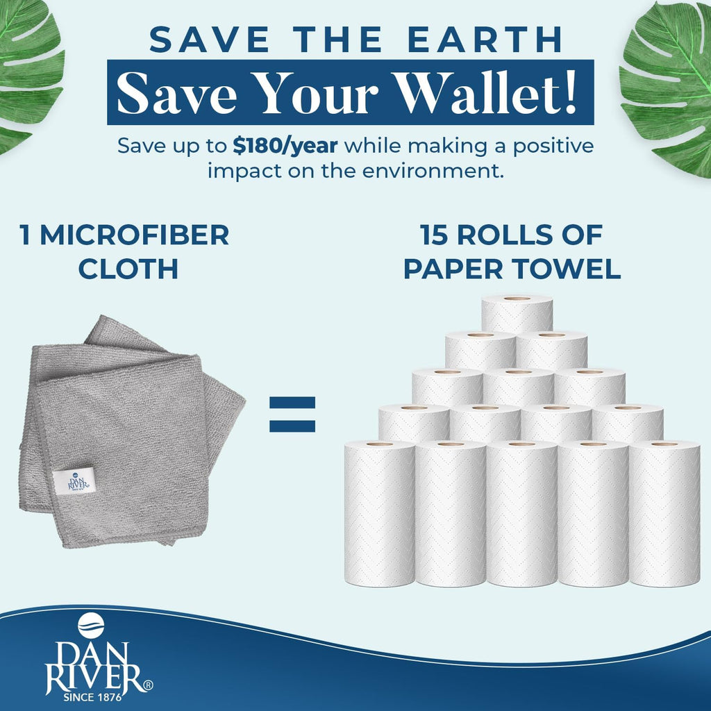 DAN RIVER 12-Pack Microfiber Towels – Ultra Absorbent, Lint-Free & Streak-Free Cleaning Cloths for Home, Car & Kitchen - Must-Have Cleaning Essentials - 12" x 12" - Gray White