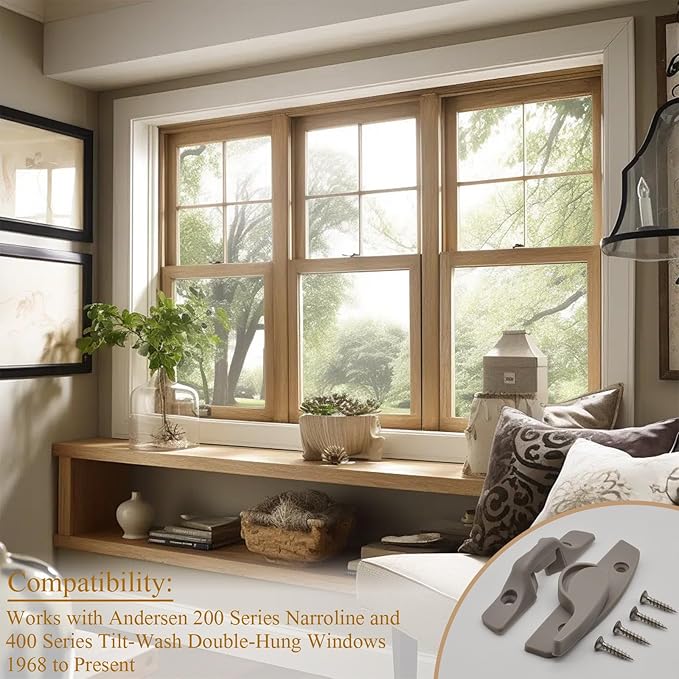 Window Sash Lock & Latch and Keeper Replacement for Andersen 200 Series Narroline and 400 Series Tilt-Wash Double-Hung Windows 1968 to Present (2 Pack, Stone Color)
