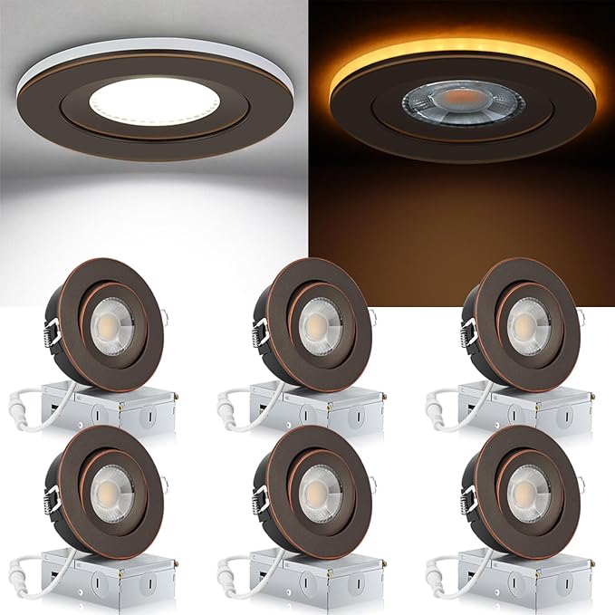 Oil Rubbed Bronze Recessed Lighting 4 Inch with Night Light 6 Pack,Gimbal Led Lights with Junction Box,5CCT Selectable,9W 750LM,Dimmable