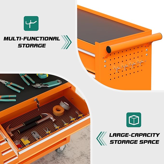 5-Drawer Rolling Tool Chest Toolbox, Rolling Tool Box with Wheels, Tool Chest with Keyed Locking System and Drawer Liners, Tool Box Organizer for Garage, Warehouse, Workshop(Orange)