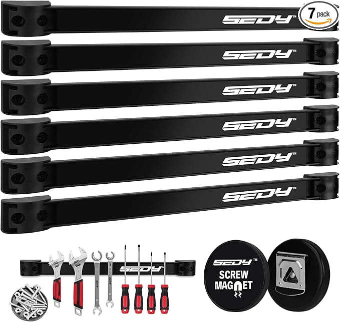 SEDY 7-Piece 12" Magnetic Tool Holder Storage Organizer, Garage Wall Mount Rack Organization Strip Power Magnet Organizers Mounted Workbench Board Slatwall Van Hanger