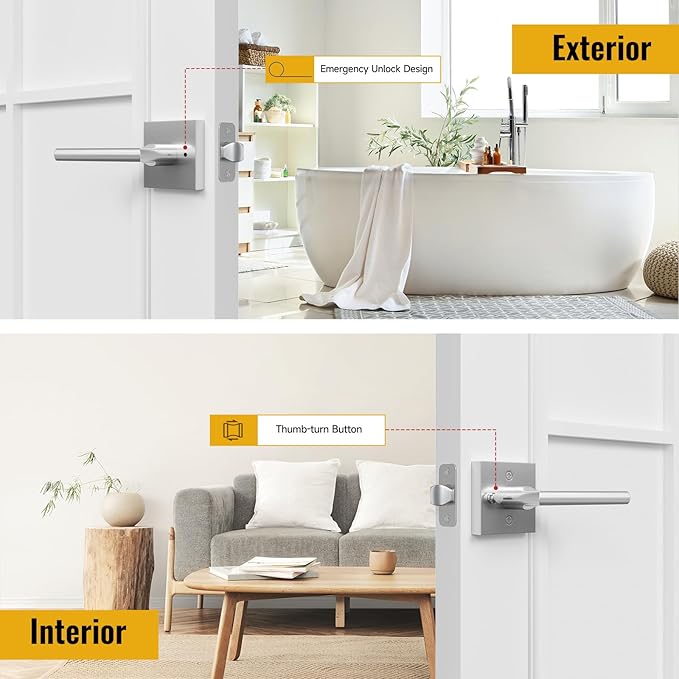 HOSOM Privacy Door Handles for Bedroom and Bathroom, Door Handle Interior Door Levers Keyless Reversible Square Door Locks, Satin Nickel, 1 Pack