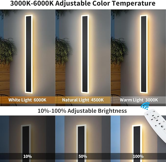2 Pack 47.2 inch Modern Led Outdoor Wall Light, 3000K-6000K 10%-100% Dimmable Lights for Outside, IP65 Waterproof Wall Sconce Light with Remote Control for Porch,Hallway, Garage,Patio,Stairway,Yard