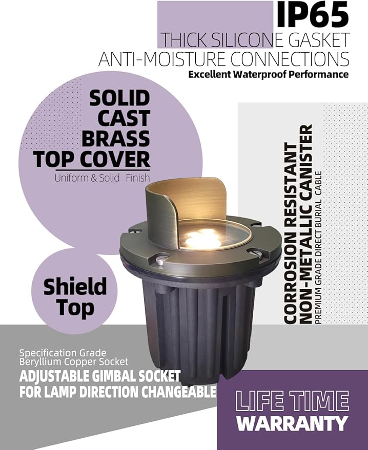 MALORY Brass Top Cover Landscape Well Lights,（6‘’H 12V Low Voltage Outdoor In Ground Lights, Anti-Glare Landscape Lighting with 5W 450LM MR16 for Pathway, Driveway (Shield Top, 10-Pack with Bulb)