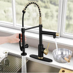Smart Kitchen Faucet, 3 Modes Pull Down Sprayer, LED Temperature Control, Ceramic Valve,360-Degree Rotation,1 or 3 Hole Deck Plate, Double Spout. 10-Year Warranty. (KW-05GR. Brushed Gold/Black)