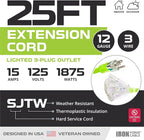 Iron Forge Cable 25 Foot Lighted Outdoor Extension Cord with 3 Outlets - 12/3 SJTW Heavy Duty Light Green Extension Cable 3 Prong - Multiple Outlets