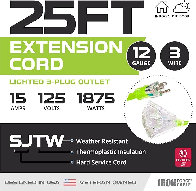 Iron Forge Cable 25 Foot Lighted Outdoor Extension Cord with 3 Outlets - 12/3 SJTW Heavy Duty Light Green Extension Cable 3 Prong - Multiple Outlets