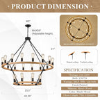 24-Light 2 Tiers Farmhouse Wooden Wagon Wheel Chandelier, 43.3'' Black Metal Round Chandeliers 2-Story Natural Rustic Light Fixtures for High Ceiling Living Dining Room Foyer Villa