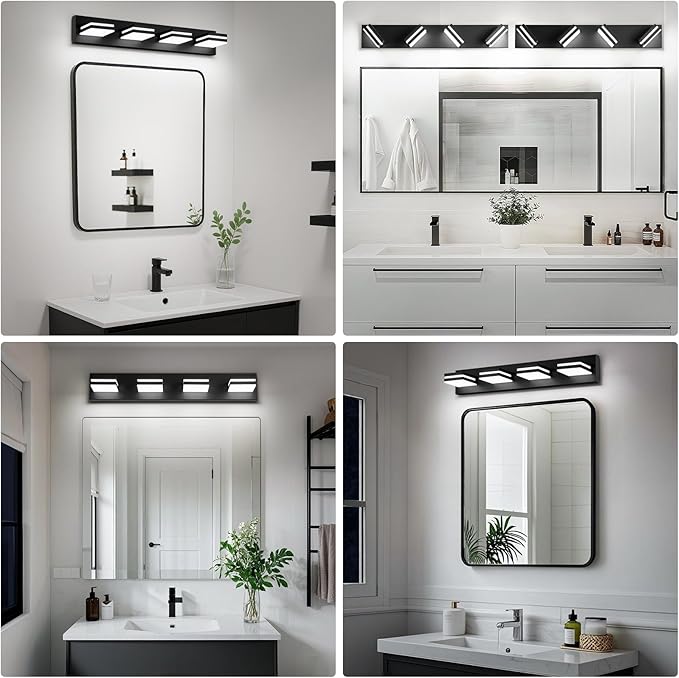 Modern LED Bathroom Lights Fixtures(4-Light),Metal Black Acrylic Wall Lighting,Vanity Lights for Bathroom Over Mirror(6000k 27In