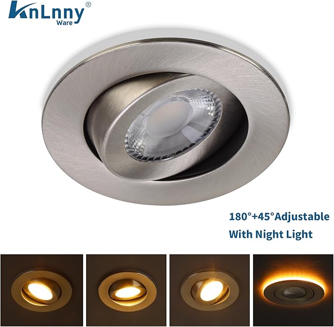 Brushed Nickel 4 Inch Recessed Lights with Night Light 6 Pack,Ajustable Recessed Lights,spot Lights Indoor with Junction Box,5CCT Selectable,9W 750LM,Dimmable