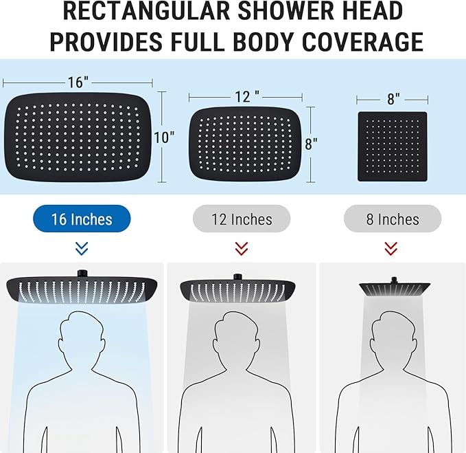 G-Promise All Metal 16 Inch Shower Head with Massage Mode Handheld, Rain Shower Head with Handheld Spray Combo, 3-Way Diverter with Pause Setting, 12 Inch Adjustable Extension Arm (Matte Black)