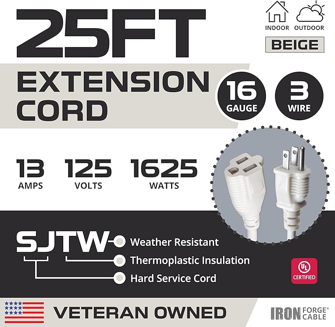 Iron Forge Cable Weatherproof 25 Ft Outdoor Extension Cord - 16/3 SJTW Heavy Duty Beige Extension Cord 3 Prong - 13 Amp Exterior Power Cable