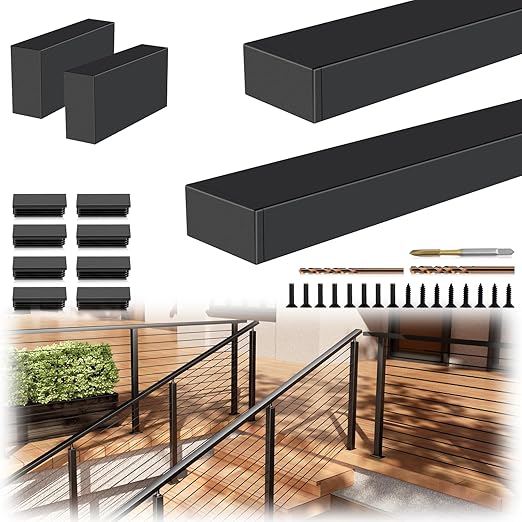 2Pack 8FT T304 Stainless Steel Handrails Black with Extension Connectors End Cap Kits for Cable Railing System Posts Kit, Cuttable Rectangular Handrails Flat Top Rail (Flexible DIY)