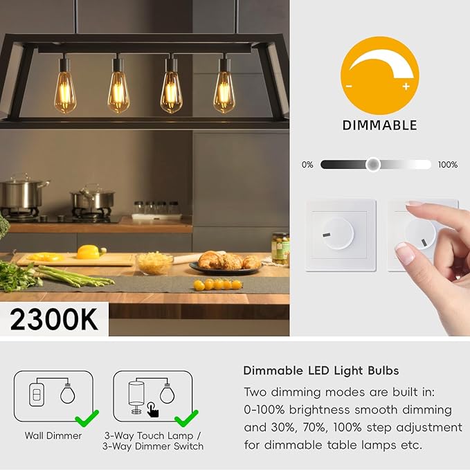 Jensense Edison LED Light Bulbs E26 Bulb 60 watt Equivalent Dimmable Light Bulbs 2300K Warm White (Amber Glass) Vintage 7W Edison Bulbs 110V 120V 800 Lumen CRI90, 4 Pack