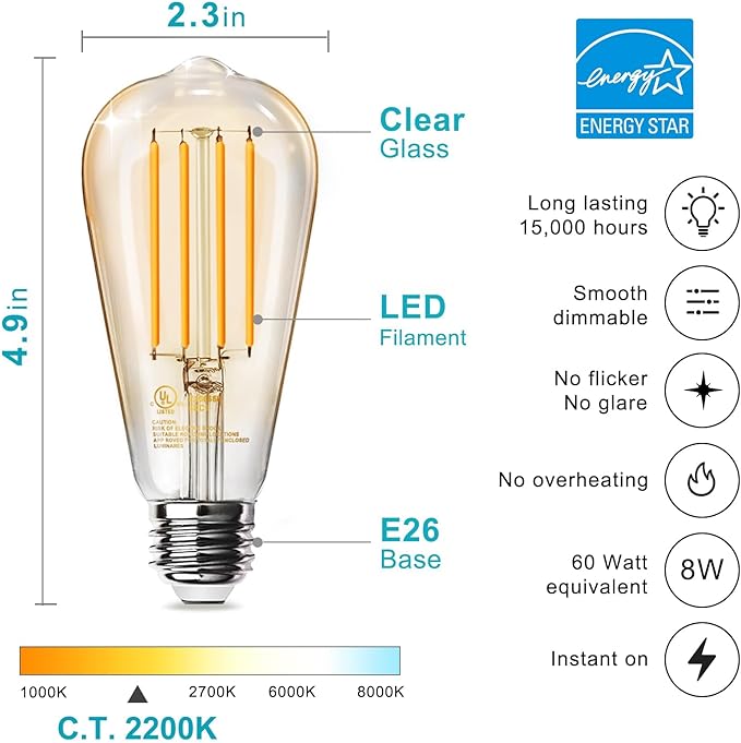 TJOY 12 Pack Vintage 8W ST58 LED Edison Amber Light Bulbs, 60W Equivalent, 800 Lumens, 2200K Soft White, Dimmable, E26 Base LED Filament Bulbs, CRI80+, Antique Glass Style for Home, Bedroom