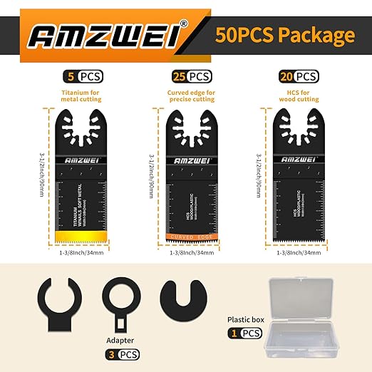 50PCS Multi Tool Blade Kits, Professional Titanium Oscillating Tool Blades for Metal, Wood, Plastic, Curved Edge Oscillating Saw Blades Compatible with Dewalt Milwaukee Ryobi Rockwell Fein