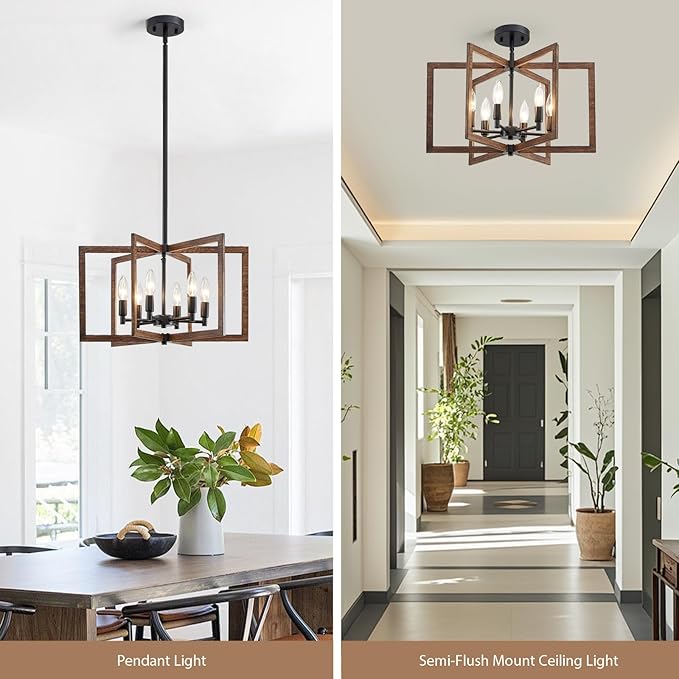 Modern Farmhouse Chandelier, 20'' Black and Wood Grain Dining Room Light Fixture, Geometric Pendant Light for Living Room Kitchen Bedroom Hallway, 6-Light Adjustable Hanging Chandelier Lamp