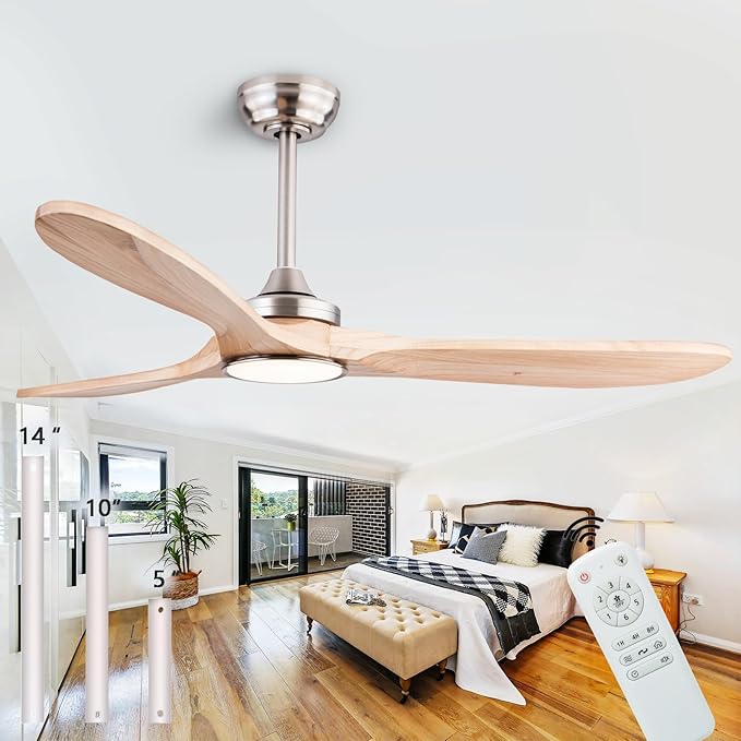 52" Wood Ceiling Fans with Lights and Remote Control,Indoor Outdoor 3 Blades Wooden Ceiling Fan for Garage,Patio,Living Rooms,Bedrooms,Offices,Farmhouse(Nickel+Raw wood)