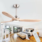 52" Wood Ceiling Fans with Lights and Remote Control,Indoor Outdoor 3 Blades Wooden Ceiling Fan for Garage,Patio,Living Rooms,Bedrooms,Offices,Farmhouse(Nickel+Raw wood)