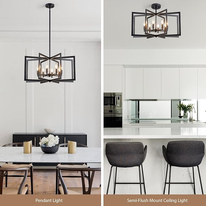 Black Chandelier 8-Light, 26" Modern Industrial Dining Room Light Fixture, Large Geometric Pendant Lighting for Living Room Kitchen Foyer Office, Large Hanging Chandelier