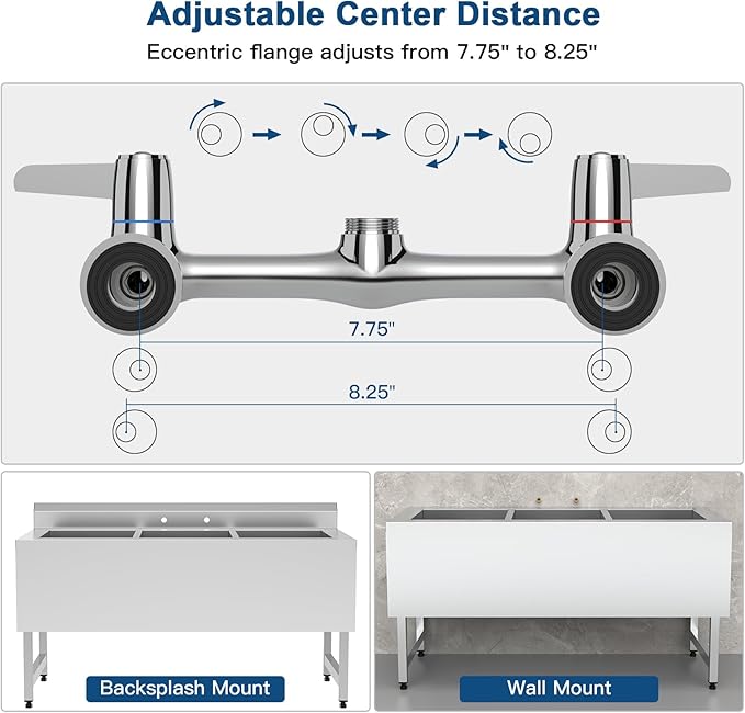 Height Adjustable Commercial Sink Faucet: BESTJEEF (25-32 inch) 8 inch Center Wall Mount Industrial Kitchen Faucet with Pre Rinse Sprayer - Ideal for Restaurants Cafes Bakery Canteens Cafeterias