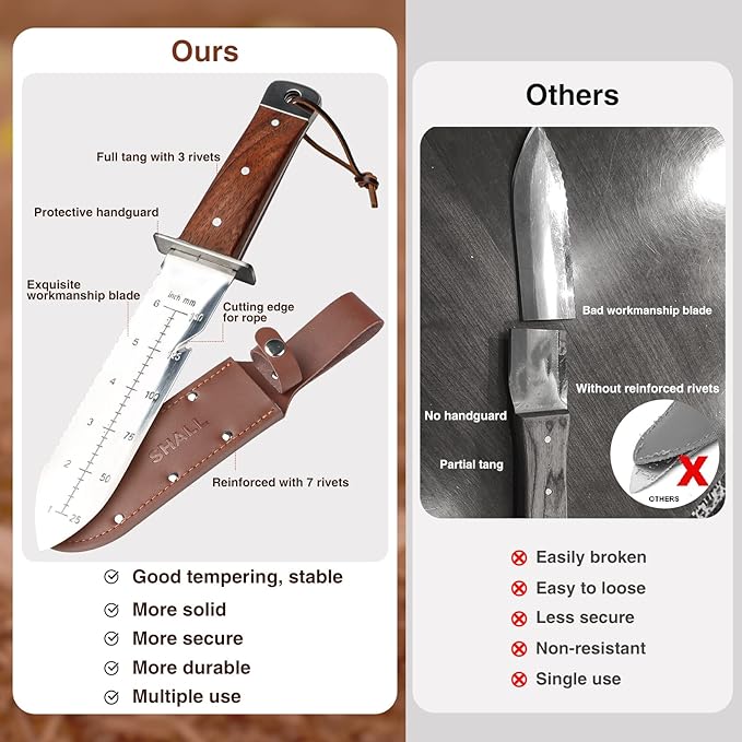 SHALL Hori Hori, Japanese Garden Knife, Soil Knife with Leather Sheath, Rosewood Handle & Hide Rope, 7” Stainless Steel Blade, Rope Cutting Edge, for Digging, Weeding, Planting, Full-Tang