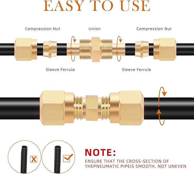 48 PCS DOT Brass Compression Air Brake Nylon Tubing Fittings,1/4" 1/8" 3/8" 1/2" 5/16" OD Straight Union Fitting Assortment Kit, DOT Air Line Fittings for Truck or Industrial Air System