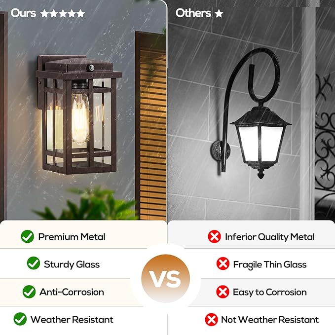9.76'' Dusk to Dawn Outdoor Wall Light 2 Packs, Exterior Fixture Mount for House Front Porch, Anti-Rust Modern Lantern with Tempered Glass Shade for Garage, Brown