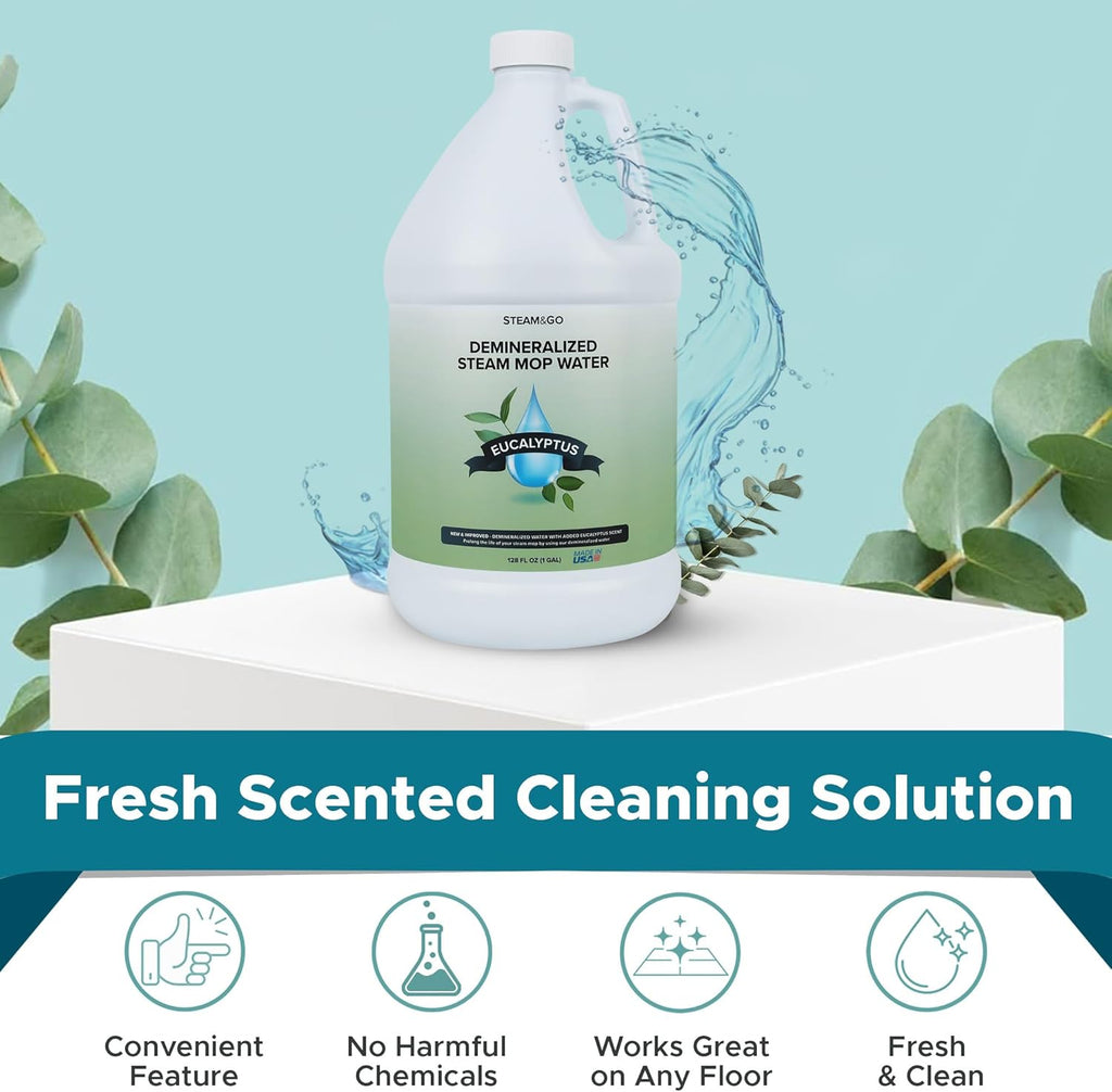 Steam & Go Demineralized Water - Multi-Surface Cleaning Solution for Steam Mop, Ready-to-Use Floor Cleaner, No PVC, Ideal for Home & Office, Compatible w/Any Mop - Eucalyptus Mint, 128oz, Pack of 1