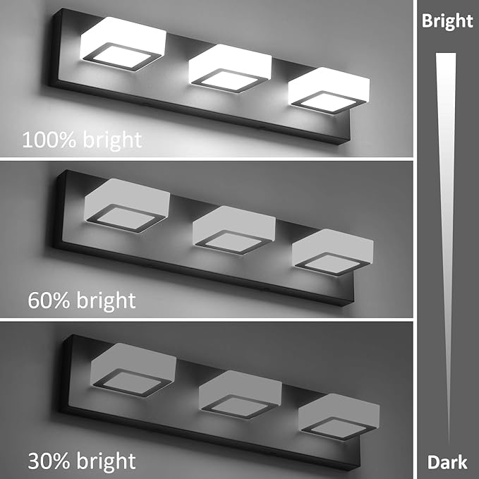 Ralbay 3 Light Dimmable Bathroom Vanity Light LED Modern Matte Black Vanity Wall Light Acrylic Stainless Steel Bathroom Vanity Lighting Fixtures