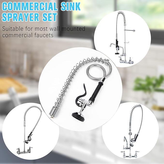 Spray Valve with 60" Flexible Stainless Steel Hose & Pre-Rinse Overhead Spring, Commercial Faucet Flexible Hose with Spray Head Replacement Kit for Commercial Restaurant Industrial Kitchen Sink Faucet